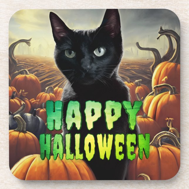 Black Cat & Pumpkins Coaster (Front)