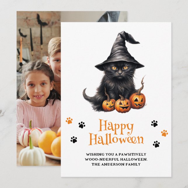 Black Cat Pumpkins Happy Halloween Photo Holiday Card (Front/Back)