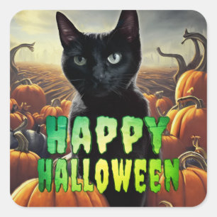Black Cat & Pumpkins Square Sticker