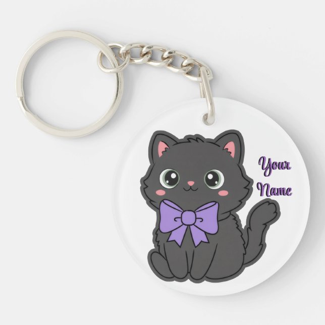 Black Cat Purple Bow Cute Kawaii Custom  Key Ring (Front)