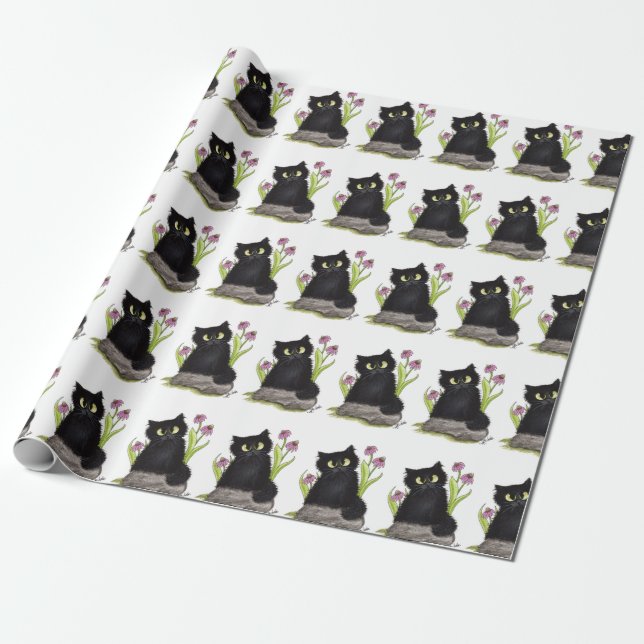 Black Cat Purple Flowers Wrapping Paper (Unrolled)