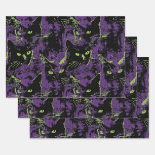 Black Cat Purple Green Grunge Halloween Wrapping Paper Sheet