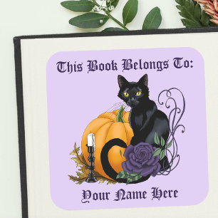 Black Cat Purple Rose Pumpkin Autumn Bookplate Square Sticker