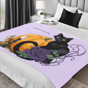 Black Cat Purple Rose Pumpkin Autumn Fleece Blanket