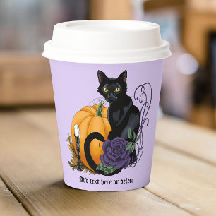 Black Cat Purple Rose Pumpkin Autumn Paper Cups