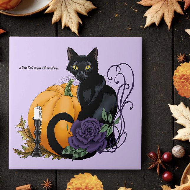 Black Cat Purple Rose Pumpkin Autumn Tile (Creator Uploaded)