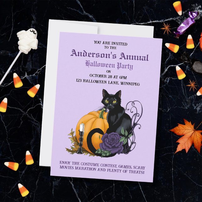 Black Cat Purple Rose Pumpkin Halloween Party Invitation (Creator Uploaded)
