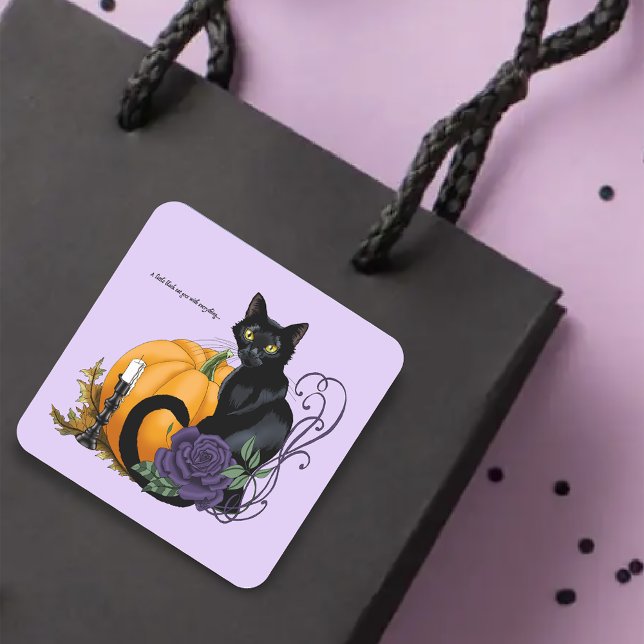 Black Cat Purple Rose Pumpkin Halloween Square Sticker (Creator Uploaded)