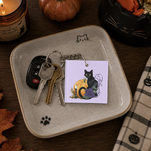 Black Cat Purple Rose Pumpkin Pumpkin Key Ring