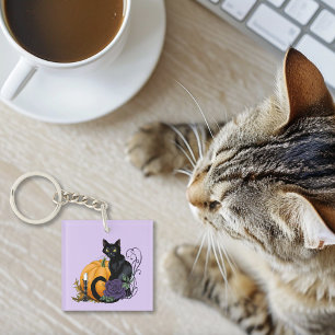 Black Cat Purple Rose Pumpkin Pumpkin Key Ring
