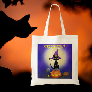 Black Cat purple witch hat pumpkins moon Halloween Tote Bag