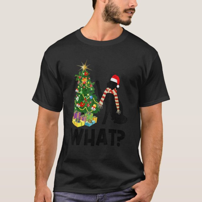 Black Cat Pushing Christmas Tree Over Cat What 1 T-Shirt (Front)