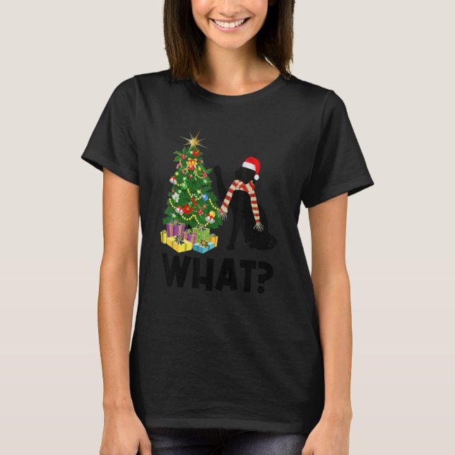 Black Cat Pushing Christmas Tree Over Cat What 1 T-Shirt (Front)