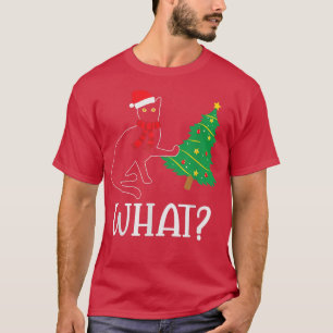 Black Cat Pushing Christmas Tree Over Cat What Fun T-Shirt