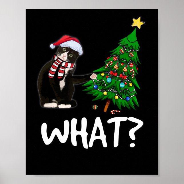 Black Cat Pushing Christmas Tree Over Cat What Poster (Front)