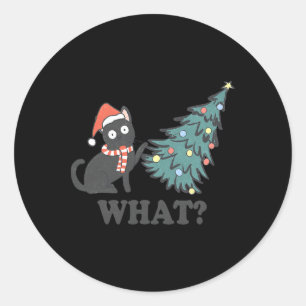 Black Cat Pushing Christmas Tree What Xmas Lights Classic Round Sticker