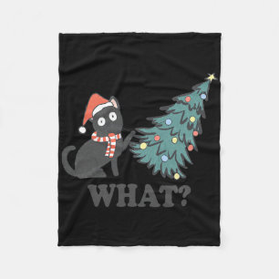 Black Cat Pushing Christmas Tree What Xmas Lights  Fleece Blanket