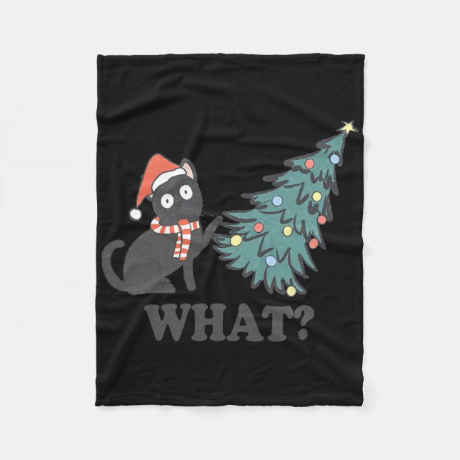 Black Cat Pushing Christmas Tree What Xmas Lights  Fleece Blanket (Front)