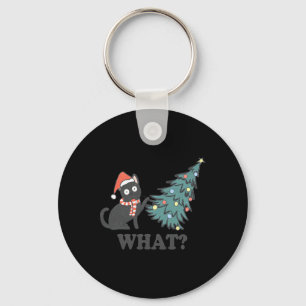 Black Cat Pushing Christmas Tree What Xmas Lights  Key Ring