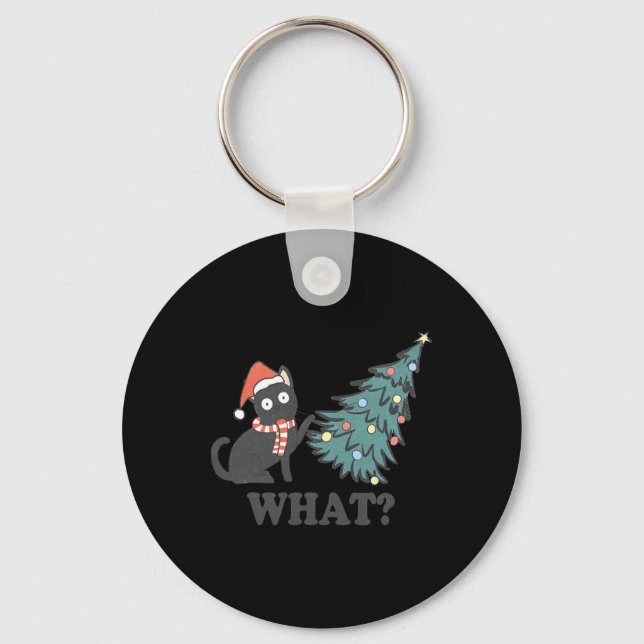 Black Cat Pushing Christmas Tree What Xmas Lights  Key Ring (Front)