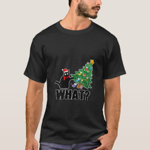 Black Cat Pushing Christmas Tree What Xmas Lights T-Shirt
