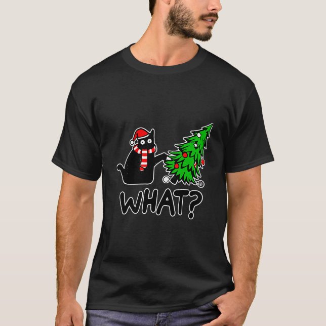 Black Cat Pushing Christmas Tree What Xmas Lights  T-Shirt (Front)