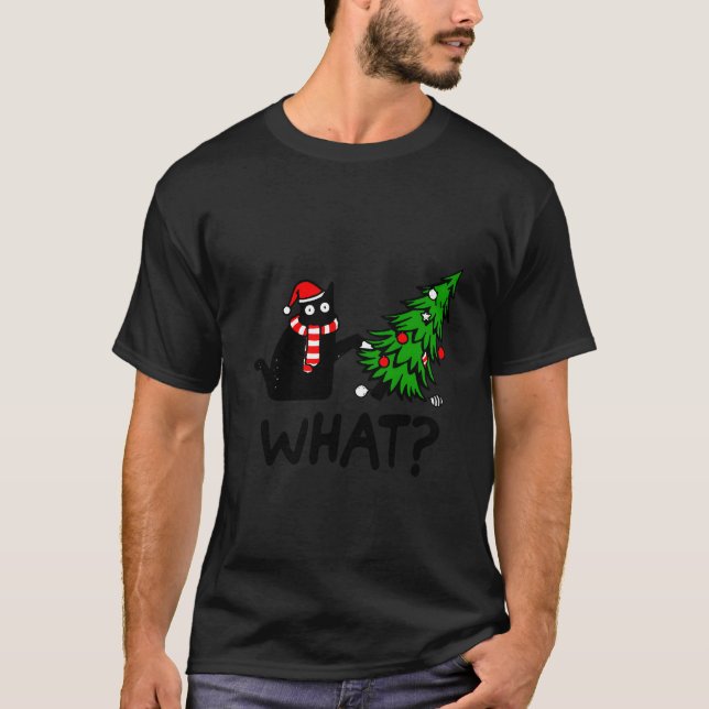 Black Cat Pushing Tree Over Cat W T-Shirt (Front)