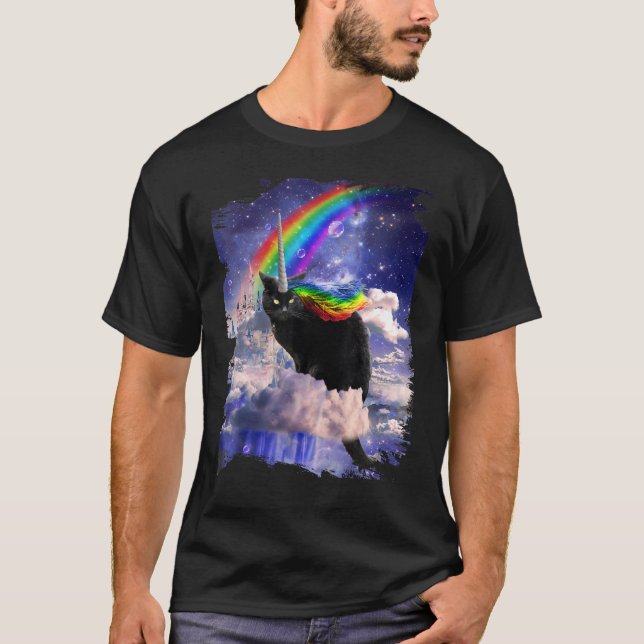 Black Cat Rainbow Unicorn Caticorn In Clouds Space T-Shirt (Front)