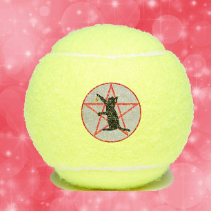 Black Cat Raised Paw on Pentagram in Grey Circle Tennis Balls
