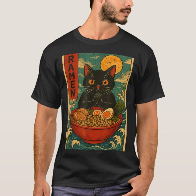 Black Cat Ramen Japanese Graphic Tees For Men Wome (Front)