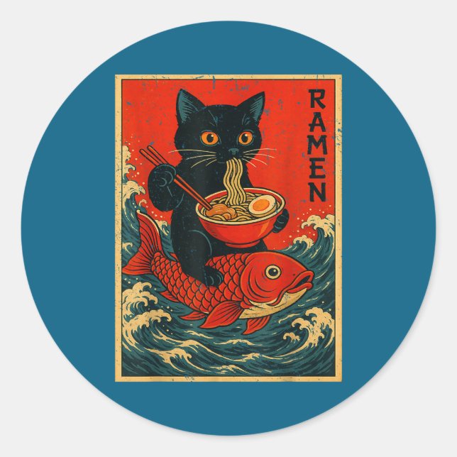Black Cat Ramen Japanese Graphic Tees For Men Wome Classic Round Sticker (Front)