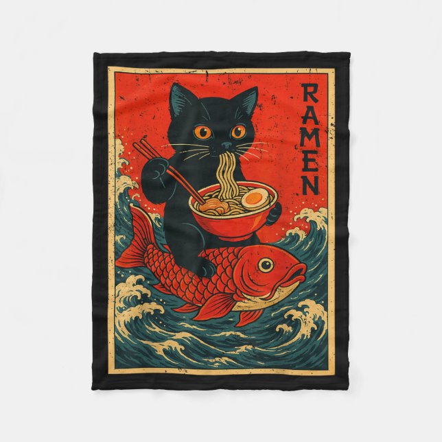 Black Cat Ramen Japanese Graphic Tees For Men Wome Fleece Blanket (Front)