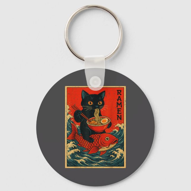 Black Cat Ramen Japanese Graphic Tees For Men Wome Key Ring (Front)