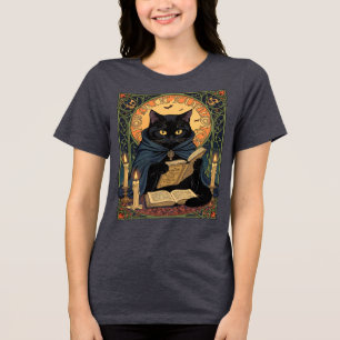Black Cat Reading A Book Of Solstice Spells Tri-Blend Shirt