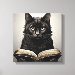 Black Cat Reading an Antique Book Canvas Print