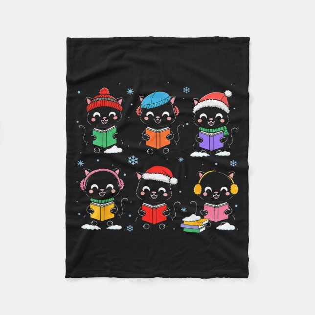 Black Cat Reading Book Christmas For Bookworm Cat  Fleece Blanket (Front)