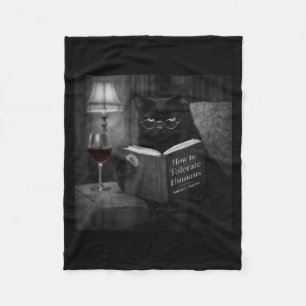 Black Cat Reading Book Funny Retro Cat Photo Humou Fleece Blanket