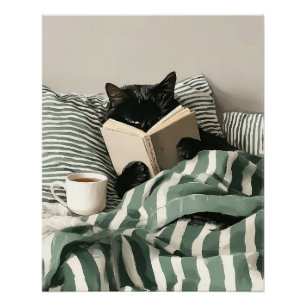 Black Cat reading book in bed Poster