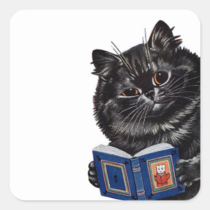 Black Cat Reading Book Painted by Louis Wain Square Sticker