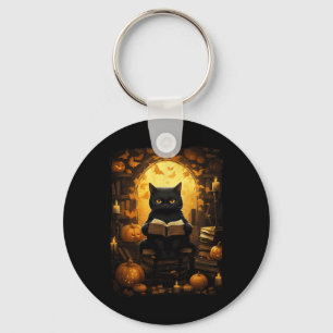 Black Cat Reading Books Pumpkin Autumn Teachers Ha Key Ring