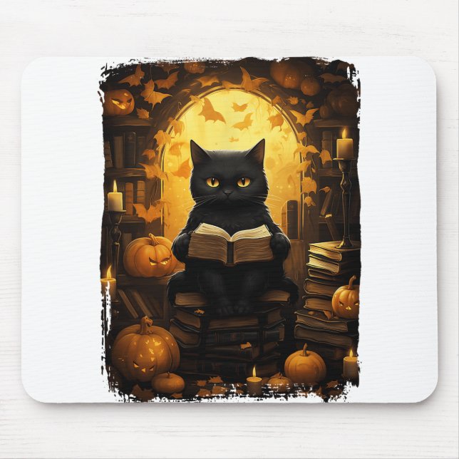 Black Cat Reading Books Pumpkin Autumn Teachers Ha Mouse Mat (Front)