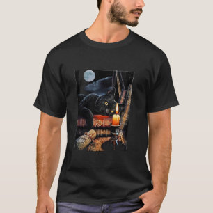 Black Cat Reading Books Witchcraft Ritual T-Shirt