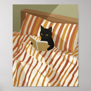 Black Cat Reading in Bed Peaceful Bedroom Cat Poster