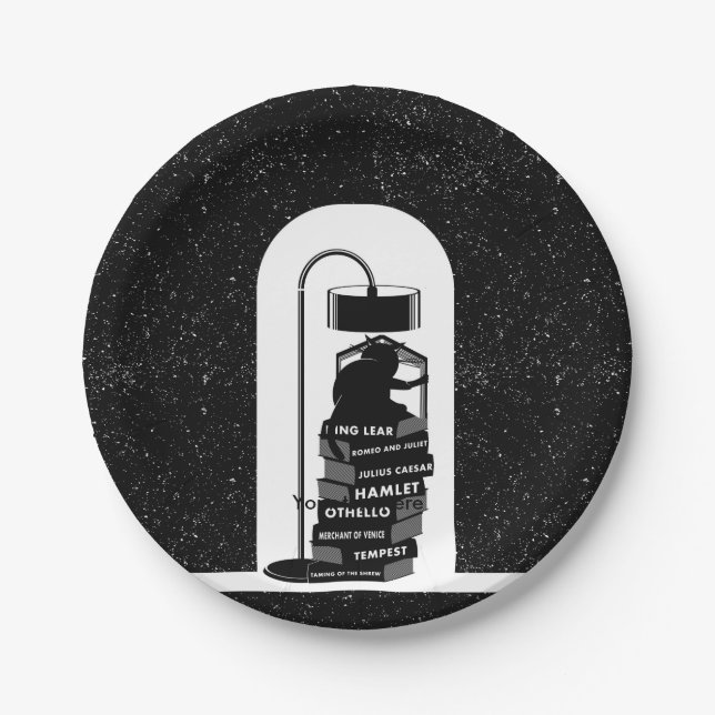 Black Cat Reading Shakespeare Plays Paper Plate (Front)