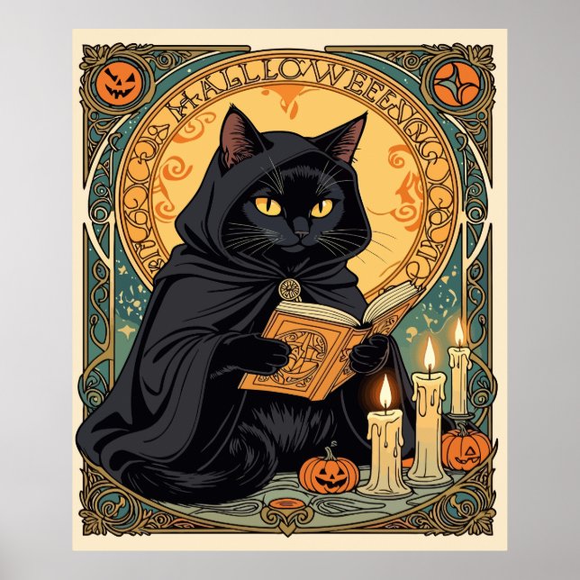 Black Cat Reading The Jack o lantern Journal Poster (Front)