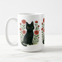 Black Cat & Red Flowers Mug