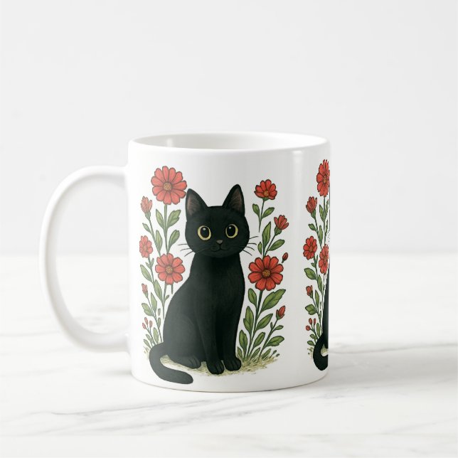 Black Cat & Red Flowers Mug (Left)