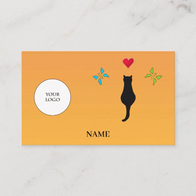 Black Cat Red Heart & Butterflies Social Media Business Card (Front)