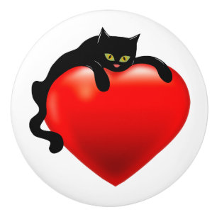 Black Cat Red Heart Ceramic Knob