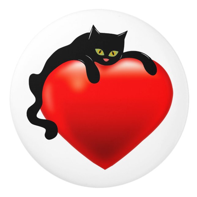 Black Cat Red Heart Ceramic Knob (Front)